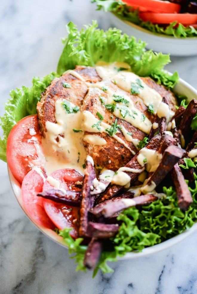 chipotle chicken burger bowls with purple sweet potato fries