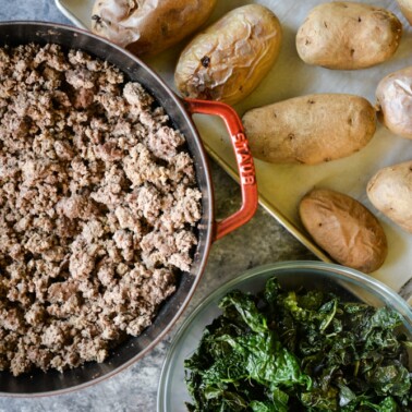 ground beef, baked potatoes, and kale meal prep