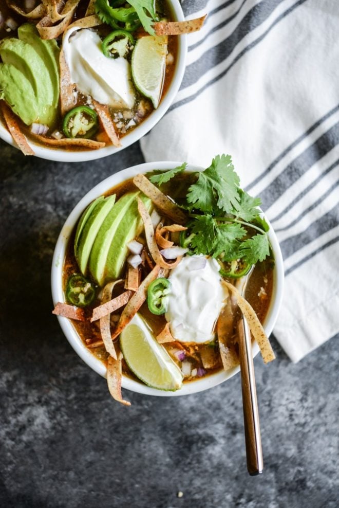 overhead view of easy slow cooker tortilla soup
