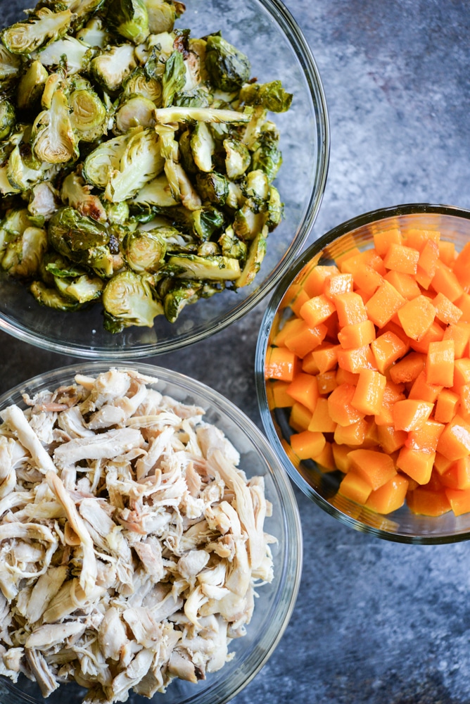 Shredded Chicken, Butternut Squash, and Roasted Brussels Sprouts meal prep
