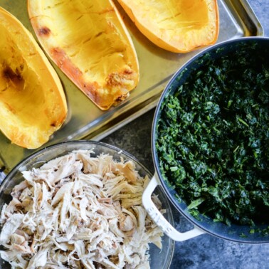 meal prep spaghetti squash, shredded chicken and spinach