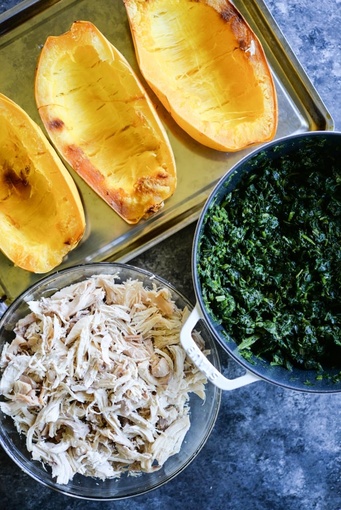 meal prep spaghetti squash, shredded chicken and spinach