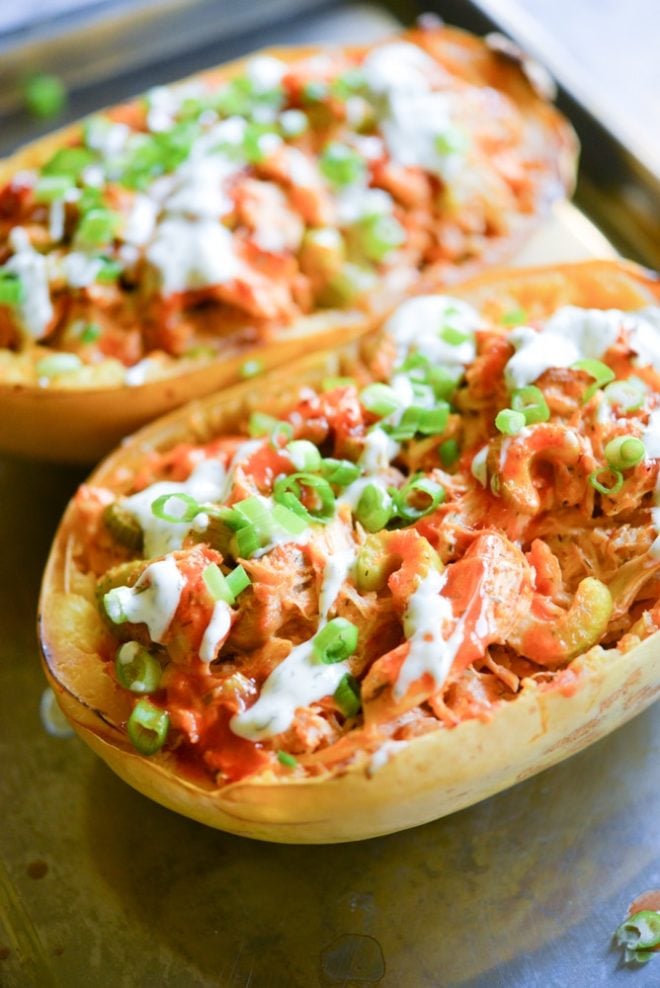 Buffalo Chicken Spaghetti Squash Boats