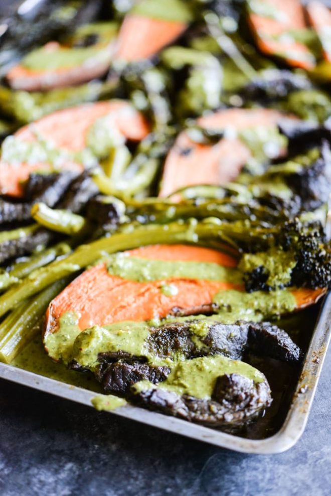 chimichurri beef sheet pan dinner with beef, sweet potatoes, and broccolini