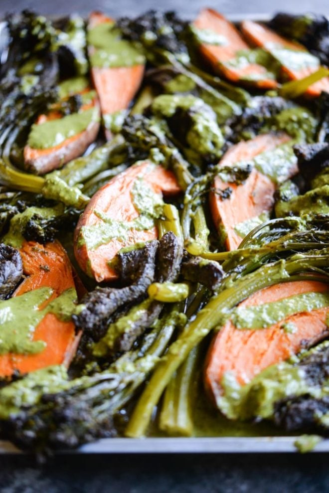 chimichurri beef sheet pan dinner with beef, sweet potatoes, and broccolini