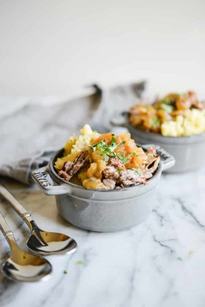 Instant Pot French Onion Pot Roast with mashed potatoes