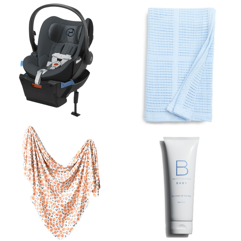 hospital bag essentials for baby - baby wash, blanket, swaddle, and carseat