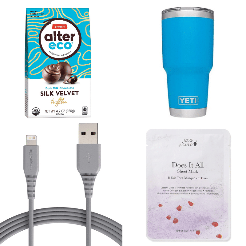hospital bag essentials - phone charger, reusable cup, chocolate, and sheet masks