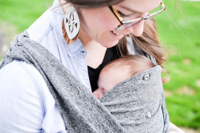 overhead shot of baby being worn in a carrier