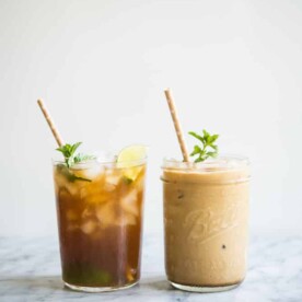mint iced coffee and texas iced tea with mint simple syrup