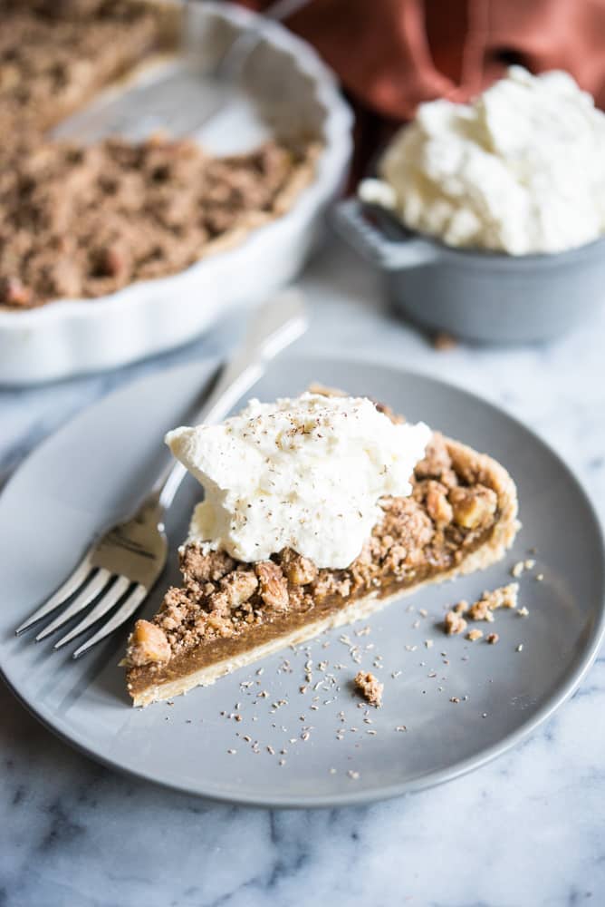 one slice of Egg-Free Pumpkin Pie with cinnamon crumble topping