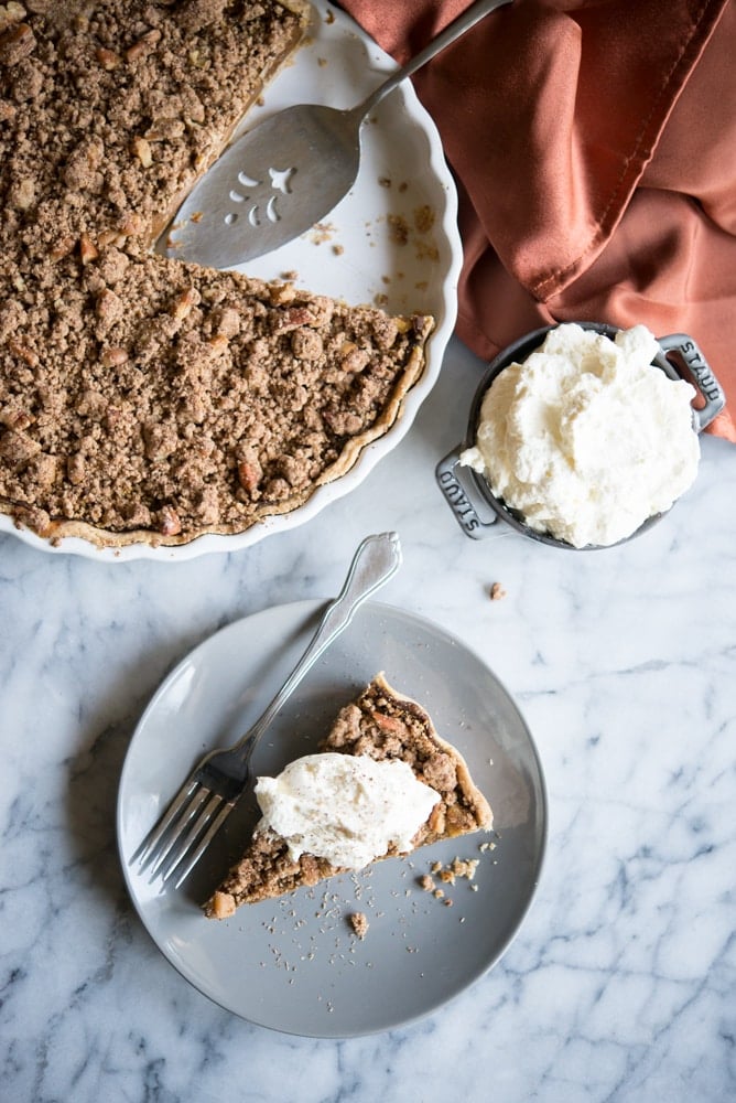 overhead view of Egg-Free Pumpkin Pie with cinnamon crumble topping