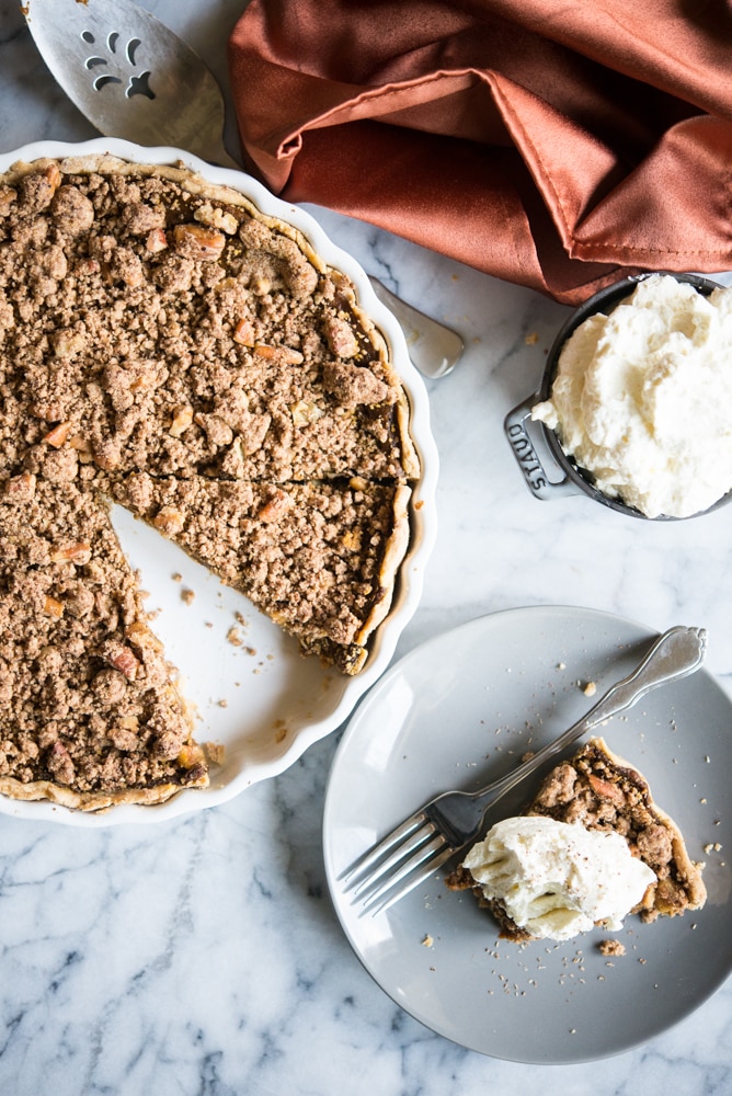 overhead view of Egg-free pumpkin pie with cinnamon crumble