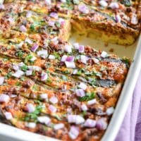 a white casserole dish of Chile relleno breakfast casserole