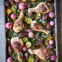 overhead view of chicken chorizo sheet pan dinner