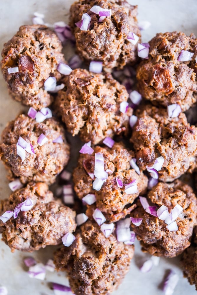 BBQ bacon burger baked meatballs with diced onion