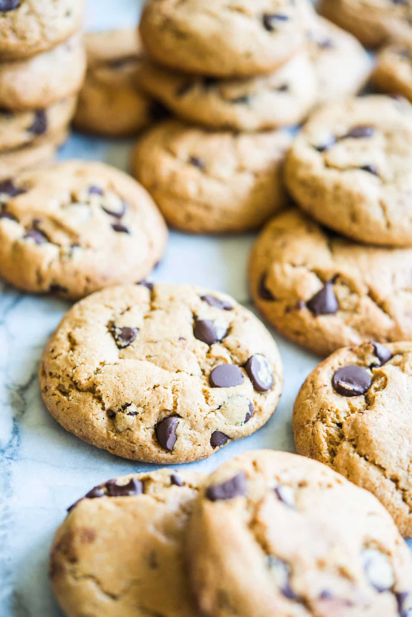 almond flour chocolate chip cookies on a marble board