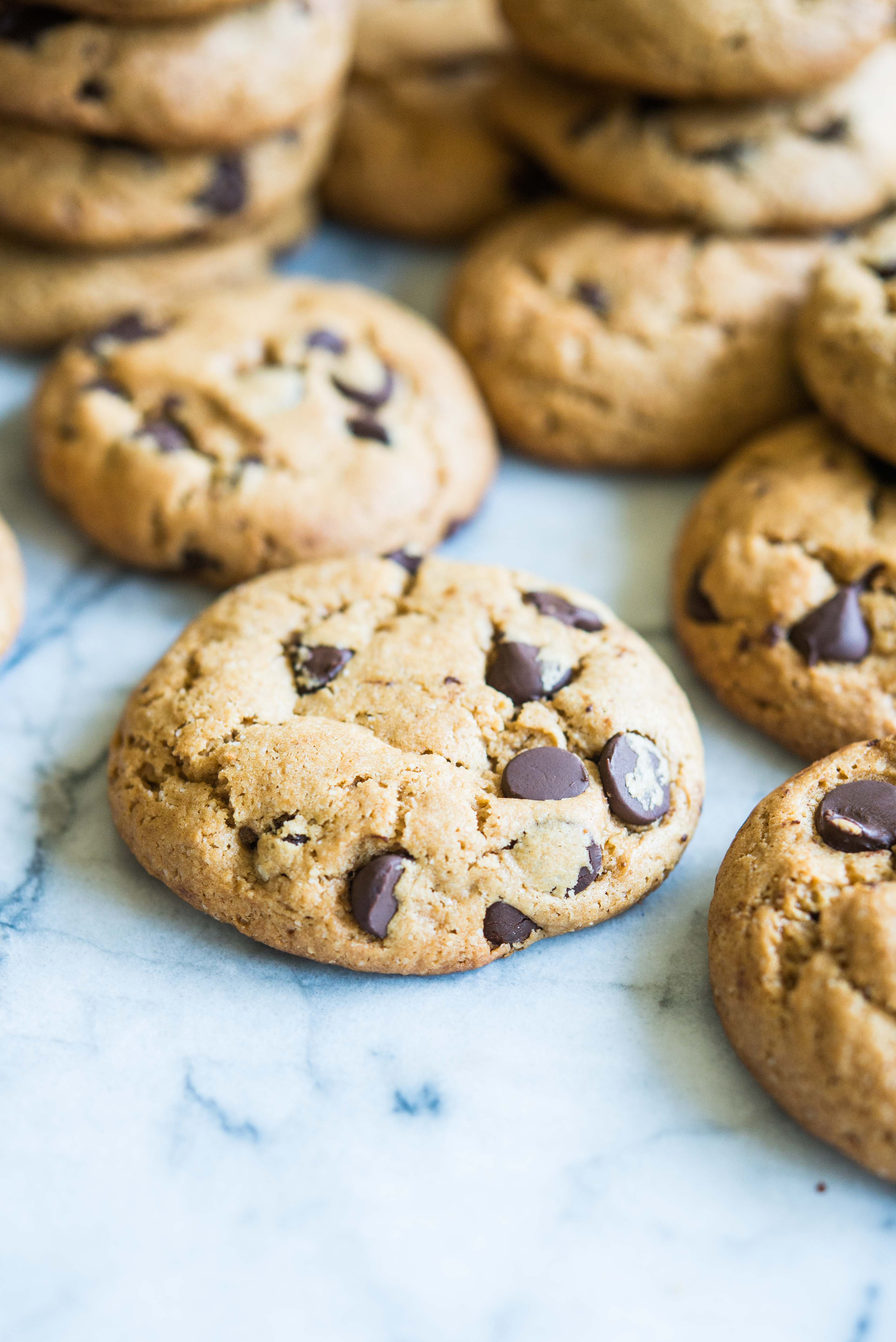 paleo chocolate chip cookies on a marble board