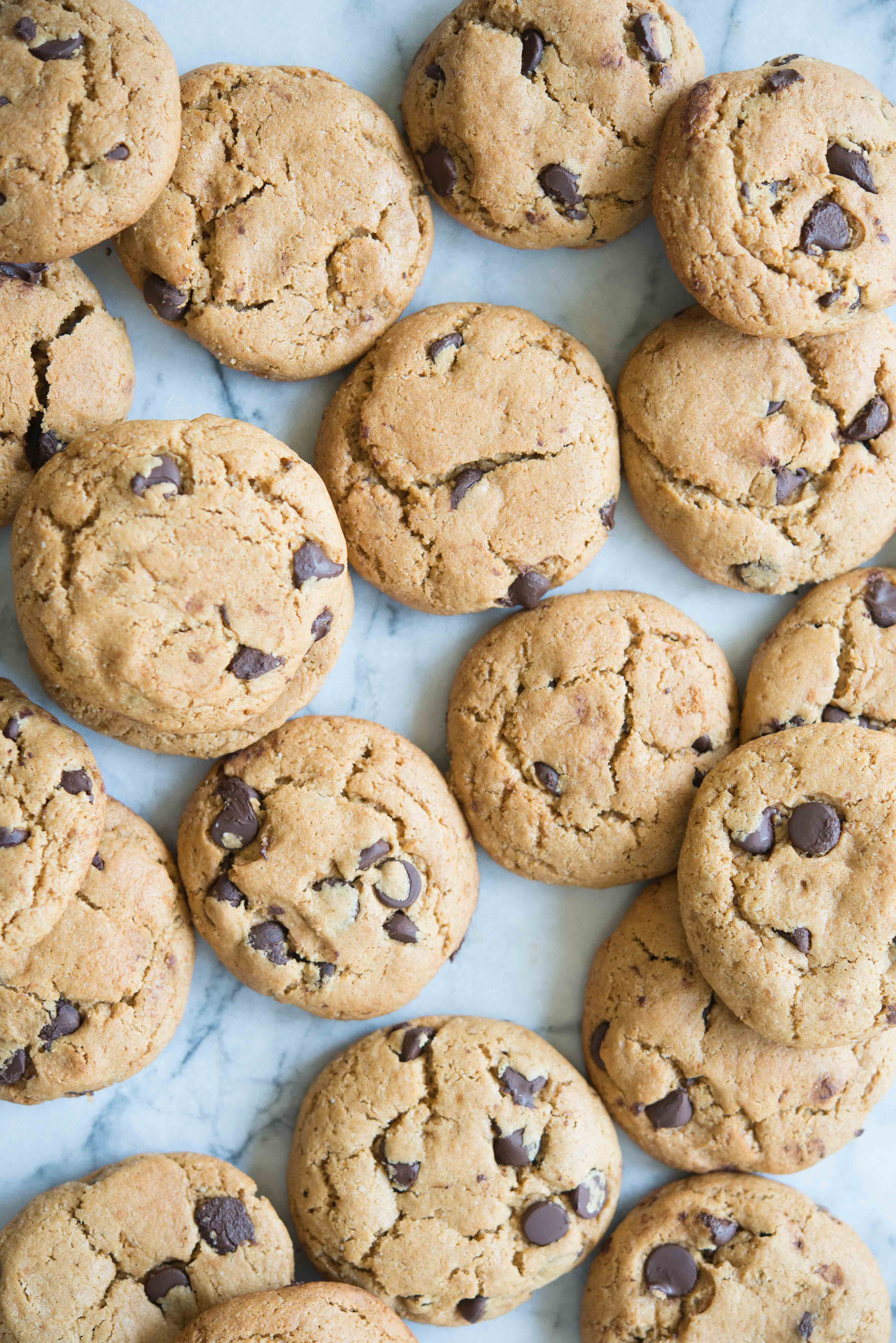 paleo almond flour chocolate chip cookies on a marble board