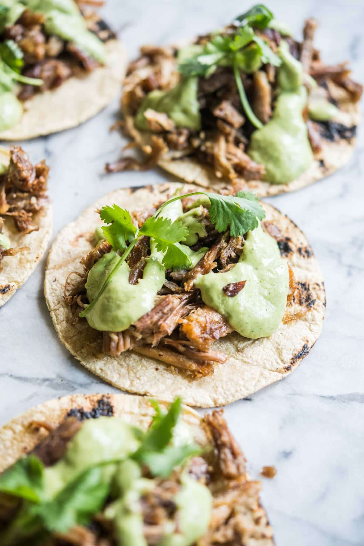 carnitas on corn tortillas topped with creamy green salsa verde and garnished with cilantro
