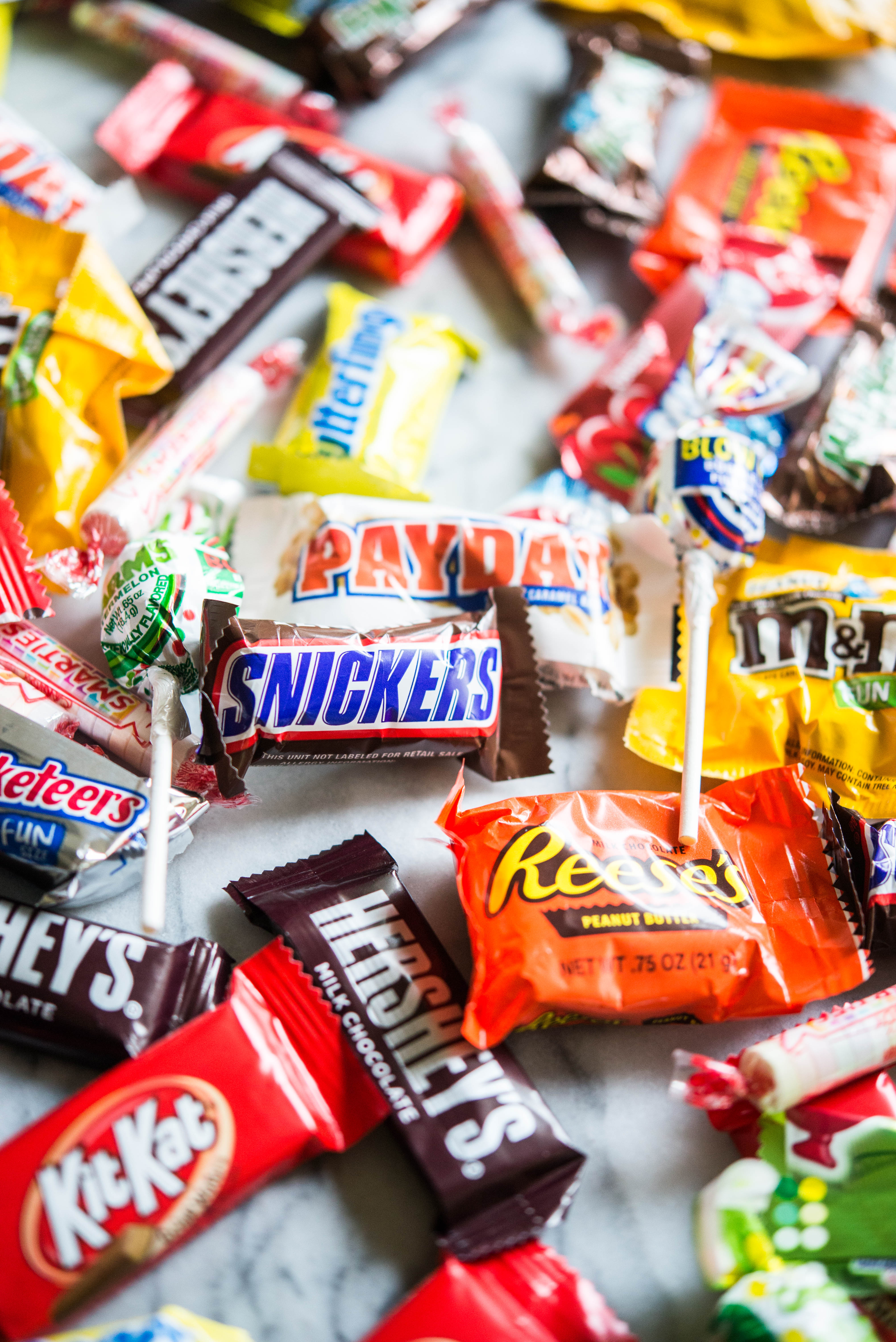 halloween candy on a marble board