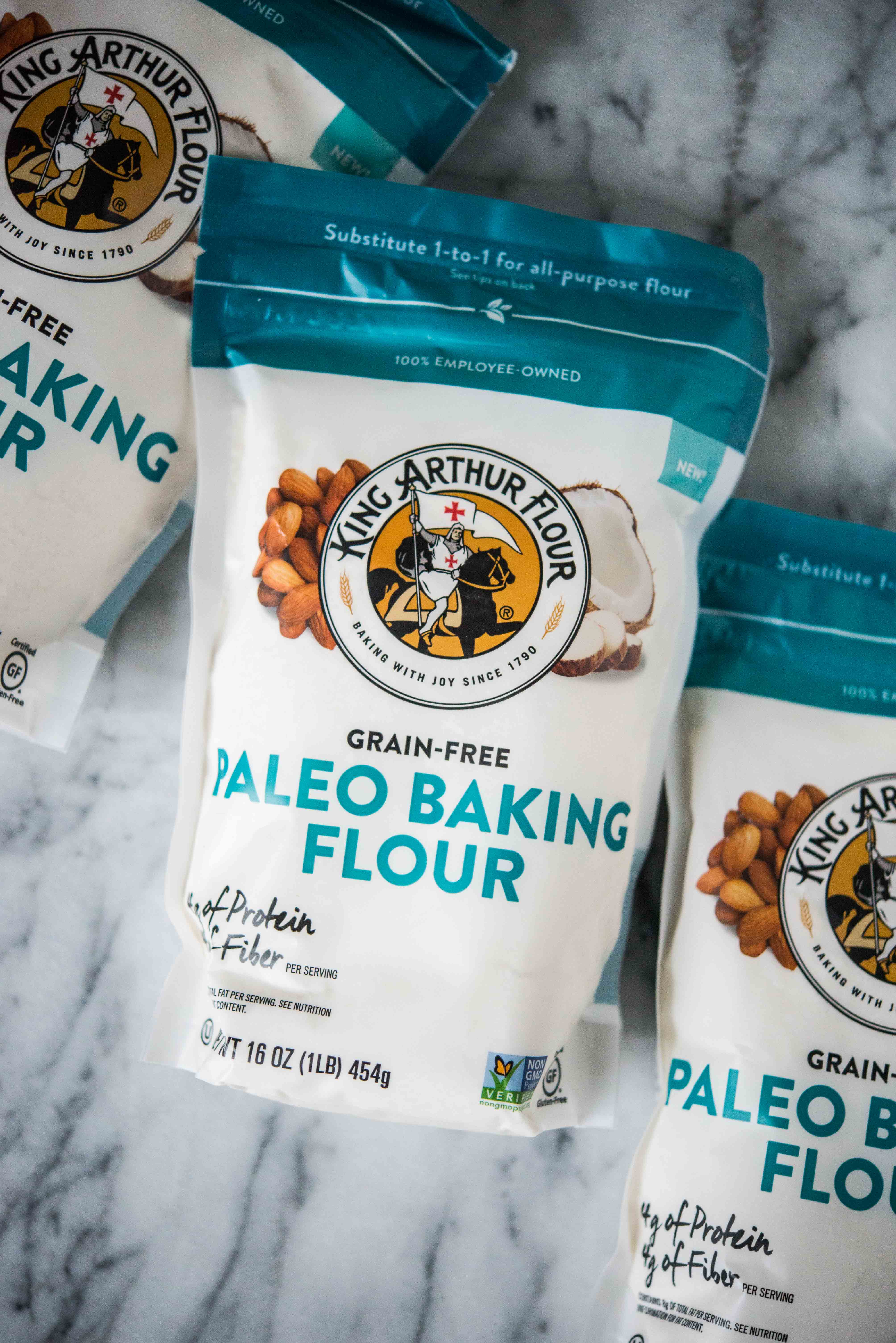 bags of king arthur paleo baking flour on a marble surface