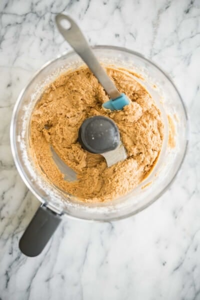 no bake energy balls - cashew butter and dates in a food processor