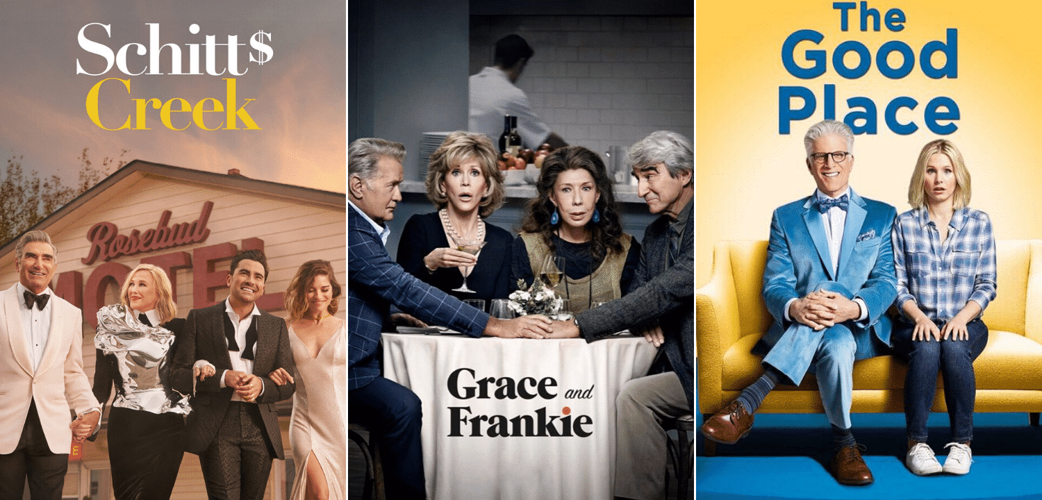 3 tv show posters - schitts creek, grace and frankie, and the good place