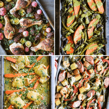 collage of 4 easy sheet pan dinners