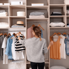 woman in her closet deciding what to wear