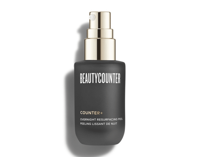 beautycounter overnight resurfacing peel in a dark gray and gold bottle