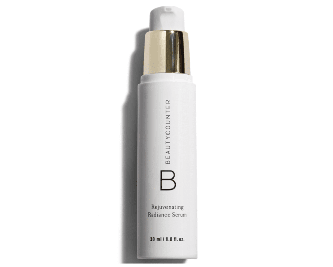 beautycounter rejuvinating radiance serum in a white and gold bottle