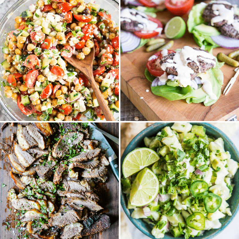 4 easy summer dinners - Mediterranean Chickpea Salad, Grilled Lettuce Wrapped Burgers, Chipotle BBQ Brisket, and Fish Ceviche Ver