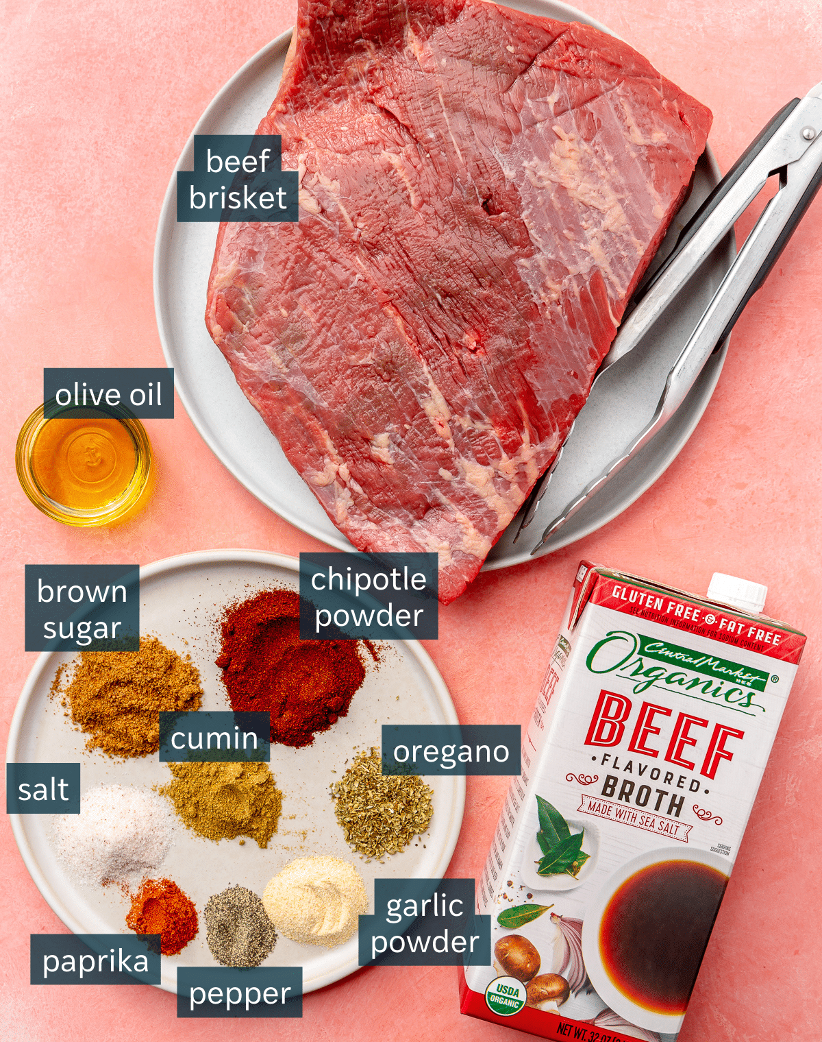 Ingredients for instant pot beef chicken are placed on a pink background.