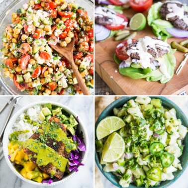 4 easy summer dinners - Mediterranean Chickpea Salad, Grilled Lettuce Wrapped Burgers, Chipotle BBQ Brisket, and Fish Ceviche Ver
