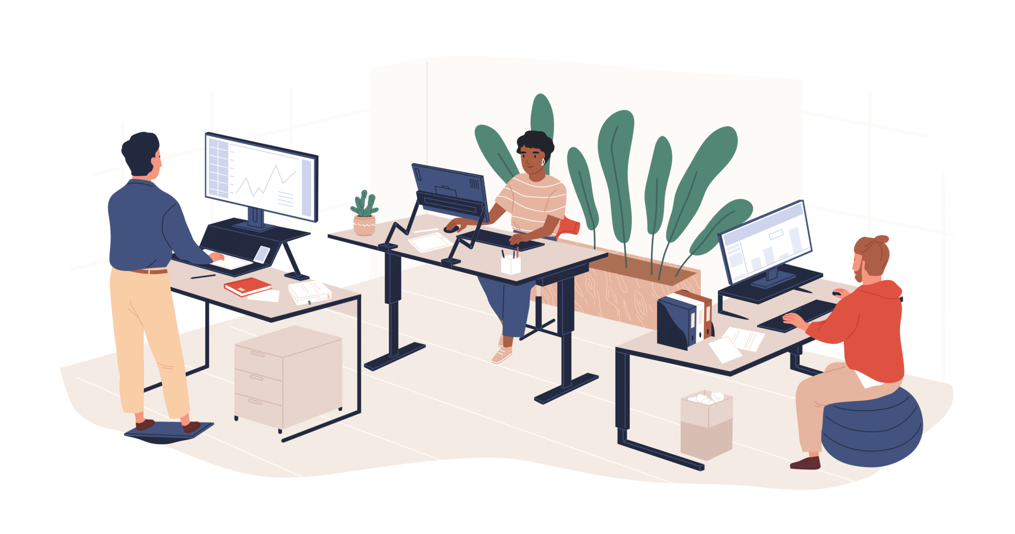 illustration of people working at desks - two sitting at desk and one at standing desk