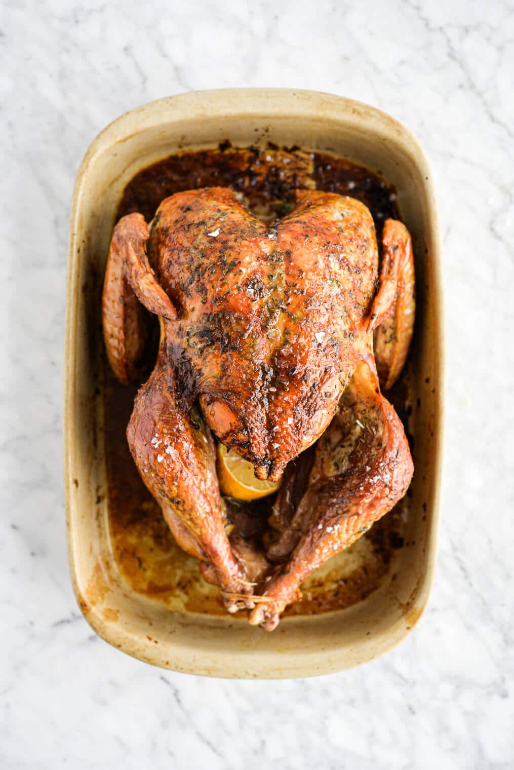 top view of a whole roasted turkey in a roasting pan