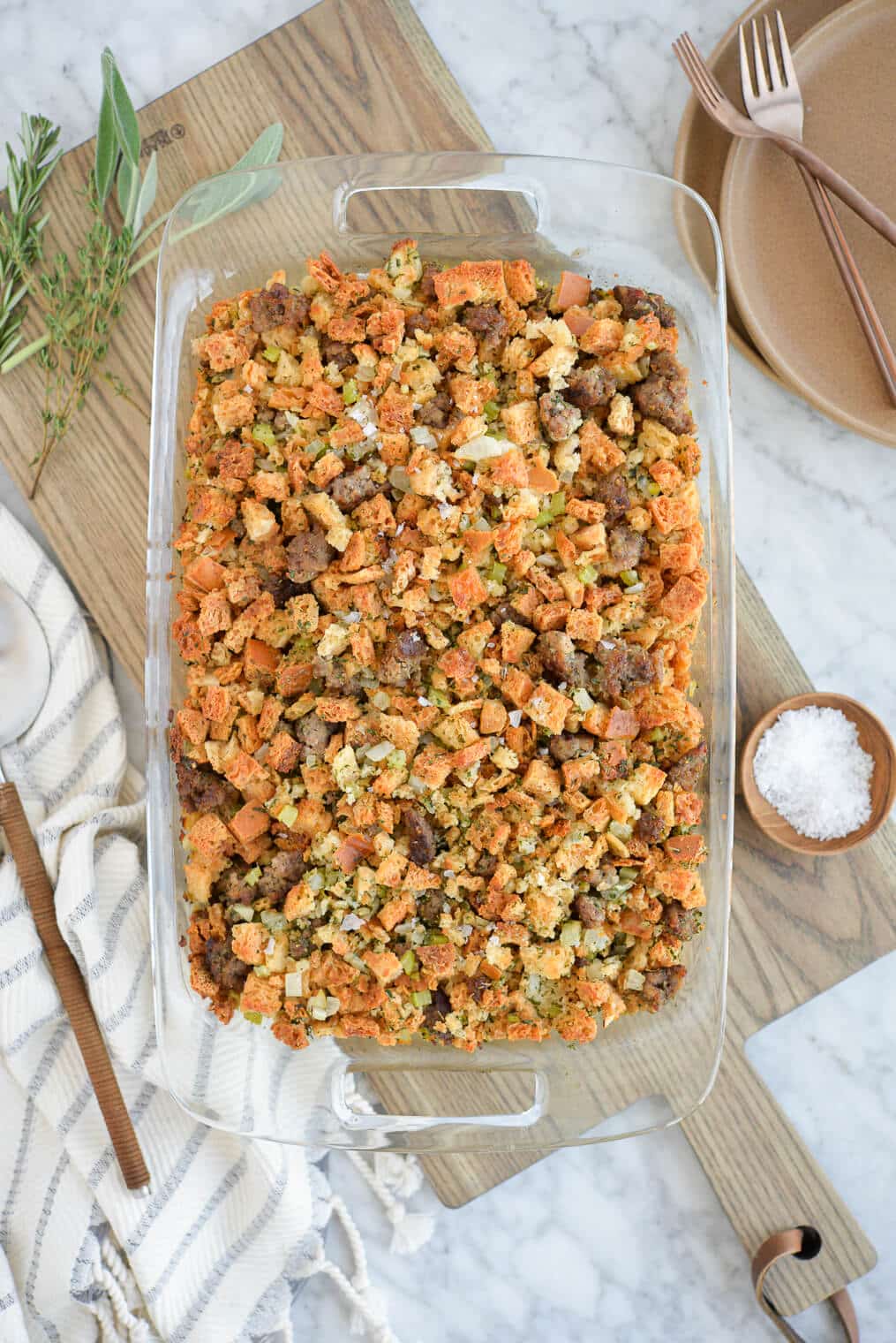 top view of a casserole dish of semi homemade stuffing