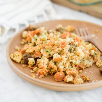 side view of a plate of semi-homemade stuffing