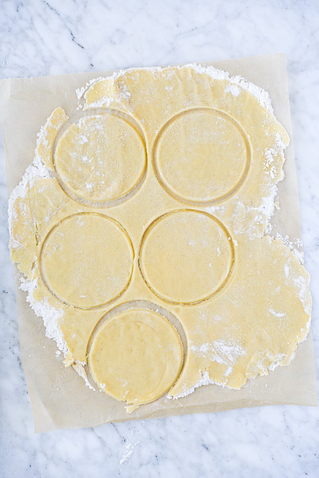 top view of a rolled out pie crust on a sheet of parchment paper with 5 circle cut outs