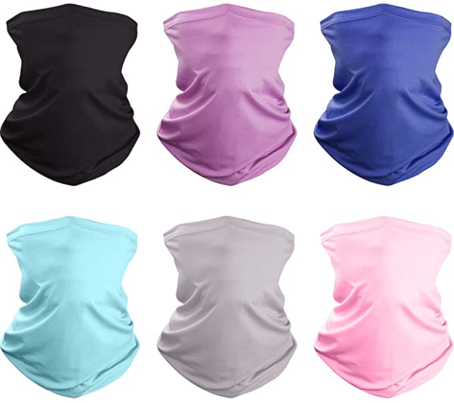 6 neck gaiter face masks in assorted colors on a white background