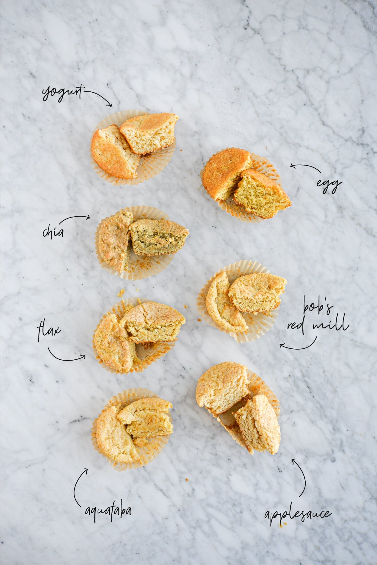 7 cupcakes cut in half lined up in two rows on a marble surface to show the different egg substitutes