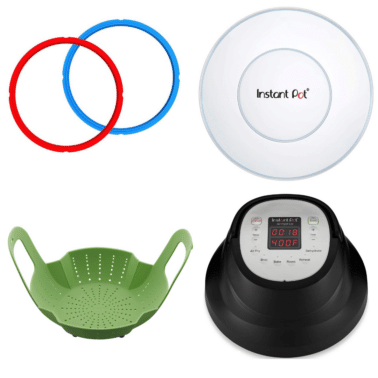 best instant pot accessories - photo of 4 instant pot accessories, 2 red and blue silicone rings, a silicone lid, a green sili