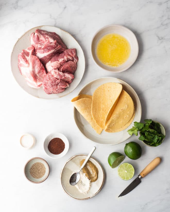 the ingredients for instant pot pork carnitas sitting on a marble surface