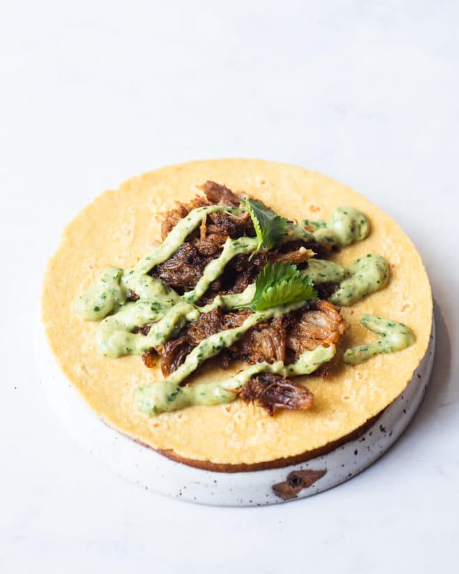 an open carnitas taco topped with creamy avocado verde and cilantro sitting on an upside down plate of the same size
