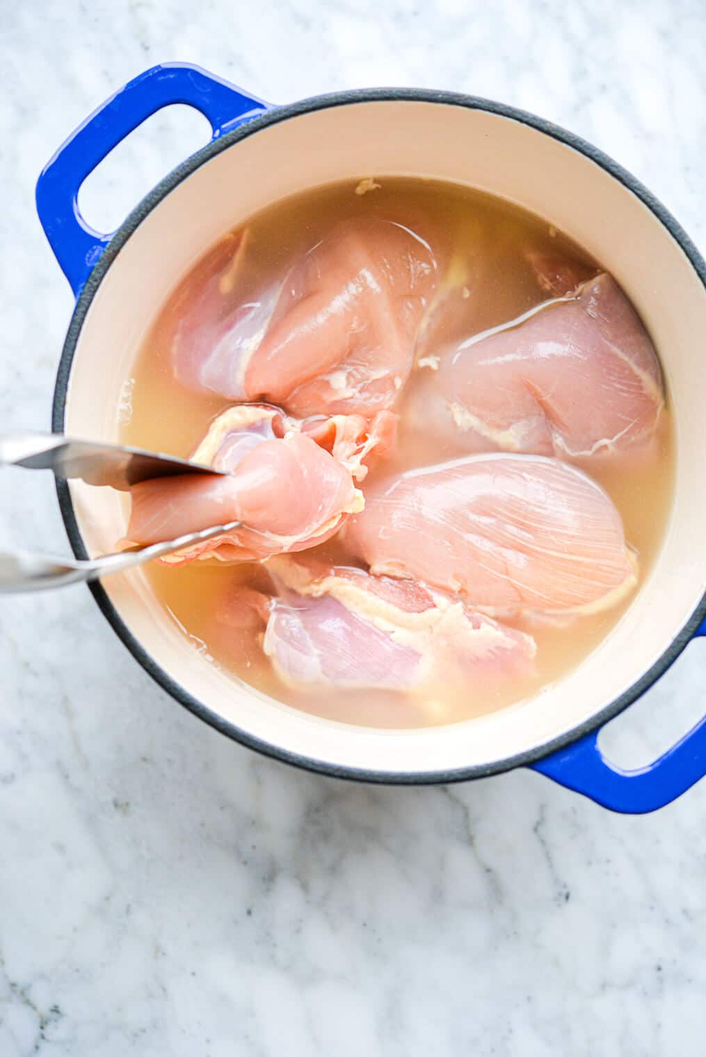 an enameled cast iron pot of chicken and chicken broth