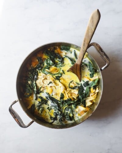 a large pot of healing turmeric chicken soup with a wooden spoon sticking out of it