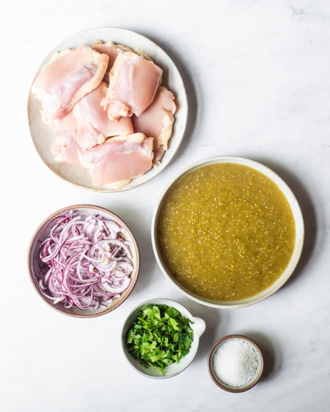ingredients for instant pot salsa chicken sitting on a marble surface