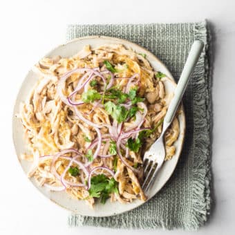 a plate of shredded salsa chicken garnished with cilantro and purple onion sitting on a green kitchen towel