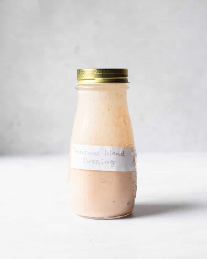 a labeled jar of homemade thousand island dressing